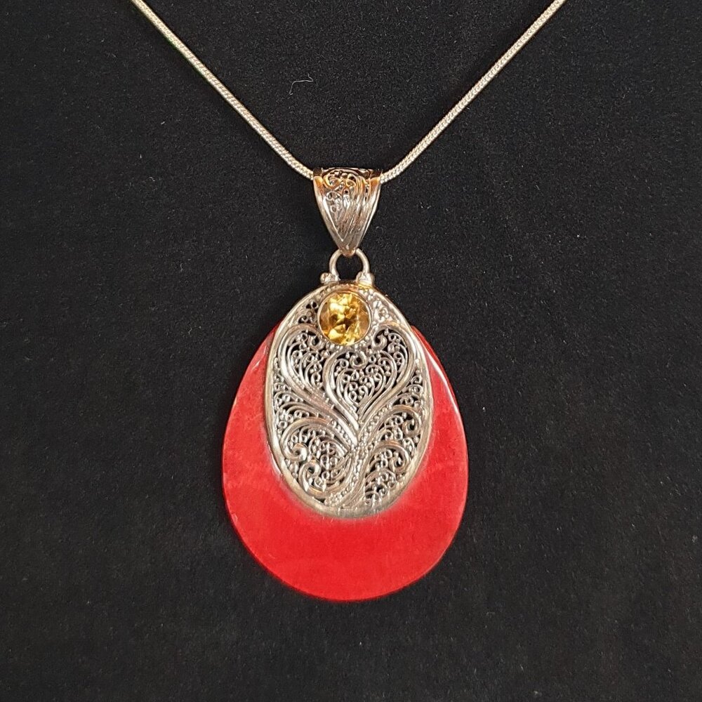 Bold Samuel B Sterling Silver Genuine Red Coral & Citrine Statement Pendant